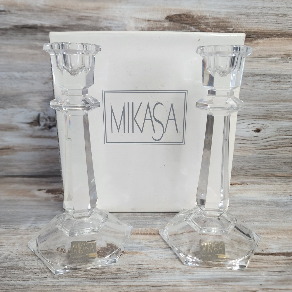 Mikasa Oxford Crystal Candleholder Pair 7 inch Hexagon Base Austria T9998/339